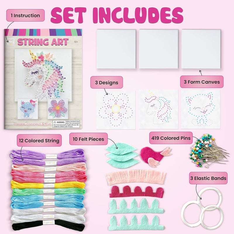 Hapinest String Art Craft Kit for Kids Ages 10-12 and Up, 3D String Art Kit Crafts for Teens, Birthday Gifts for Tween Girls Ages 10 11 12 Years Old and Up, Makes 3 Designs - Unicorn, Cat, and Flower - Image 2